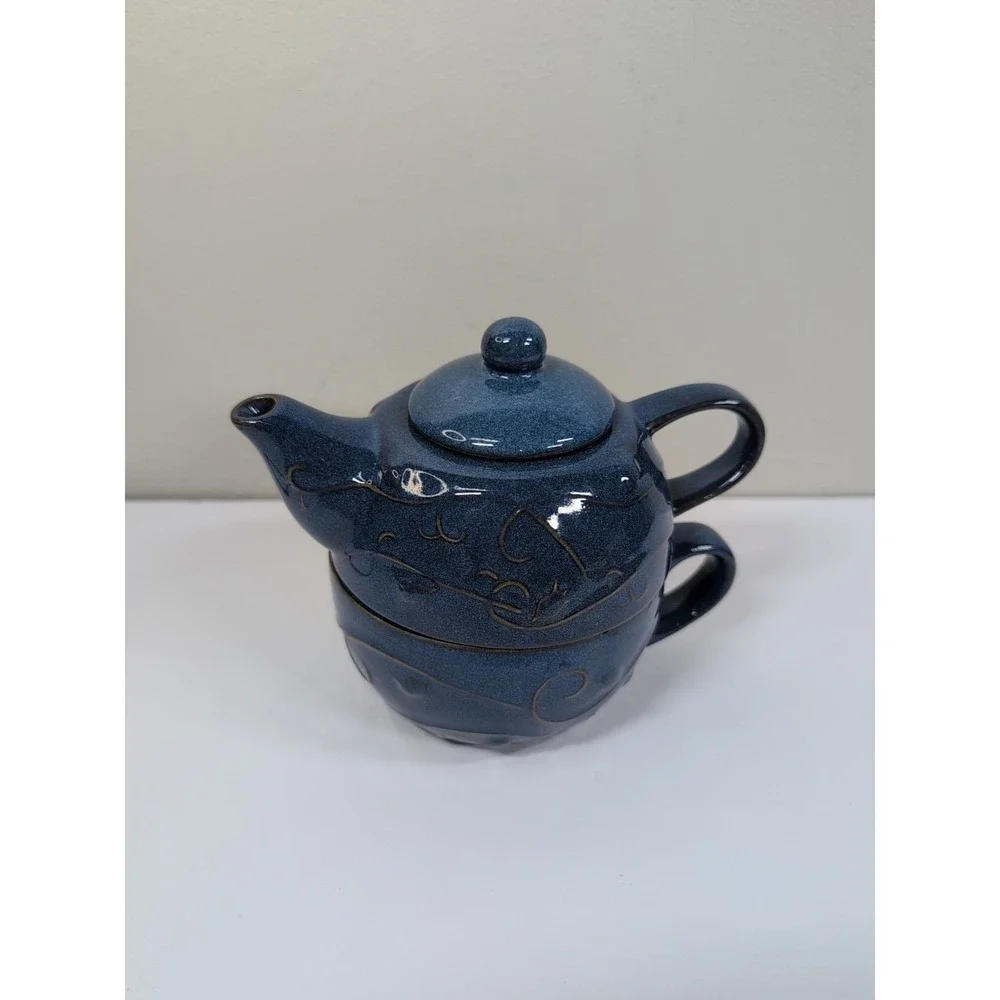 Pier 1 Teapot With Lid & Mug Stoneware Indigo Blue Embossed Perfect for one